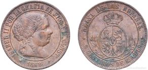 Coins of Spain: Spain Kingdom 1868 OM 5 Centimos de Escudo - Isabel II Bronze Jubia Mint 12.23g XF KM 635.1 Cal 625